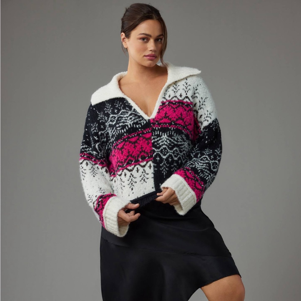 NWT Anthropologie Pilcro V-Neck Fuzzy Printed Popover Sweater - Picture 2 of 13